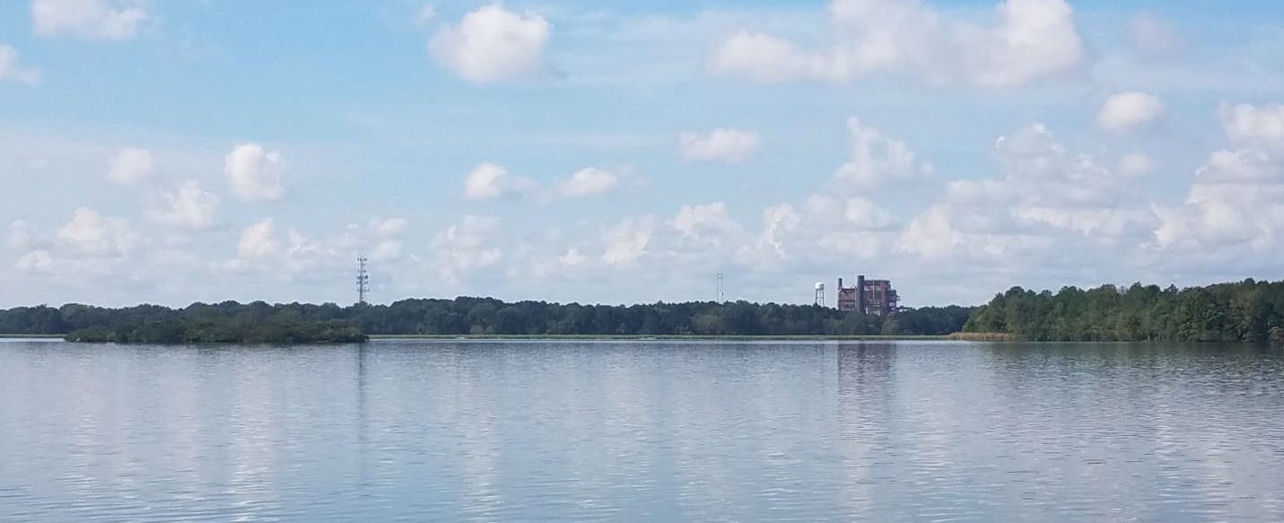 View across the lake to power plant in background