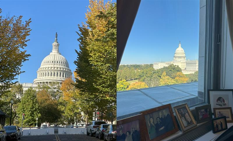 Photo 1: Street view of the U.S. Capitol | Photo 2: View of the U.S. Capitol through an office window