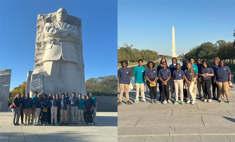 Photo 1: Students at MLK Memorial | Photo 2: Students with Washington Monument in background