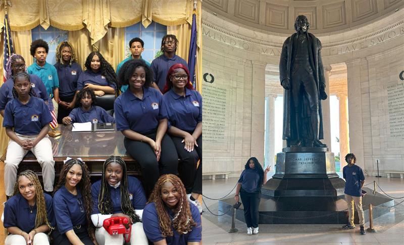 Photo 1: Students at an official desk | Photo 2: Sstudents at the Thomas Jefferson memorial